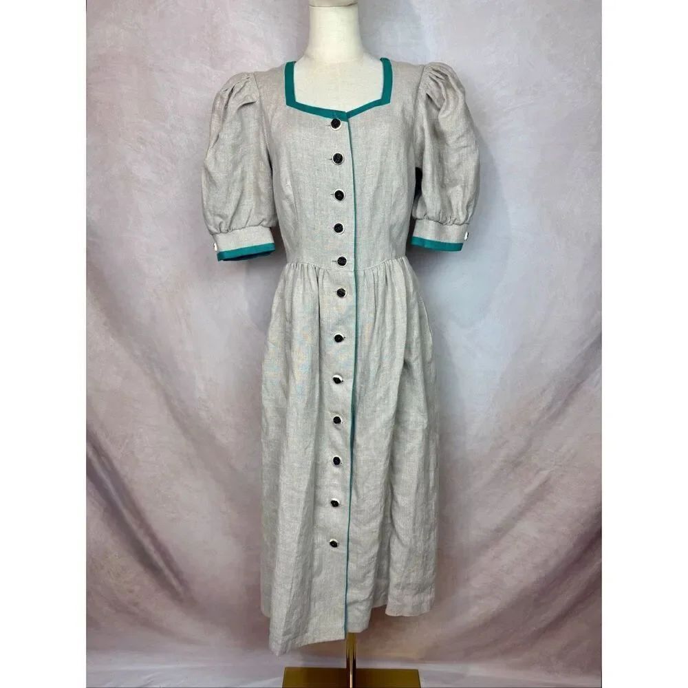 Vintage 100% Linen Dirndl Dress by H. Moser Made in Austria 38” Bust NWT
